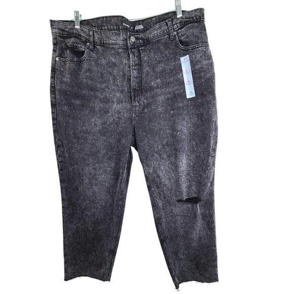 NWT Old Navy Sky Hi Straight Black Acid Wash Raw Hem Distressed Denim Fly Jeans - Picture 1 of 11